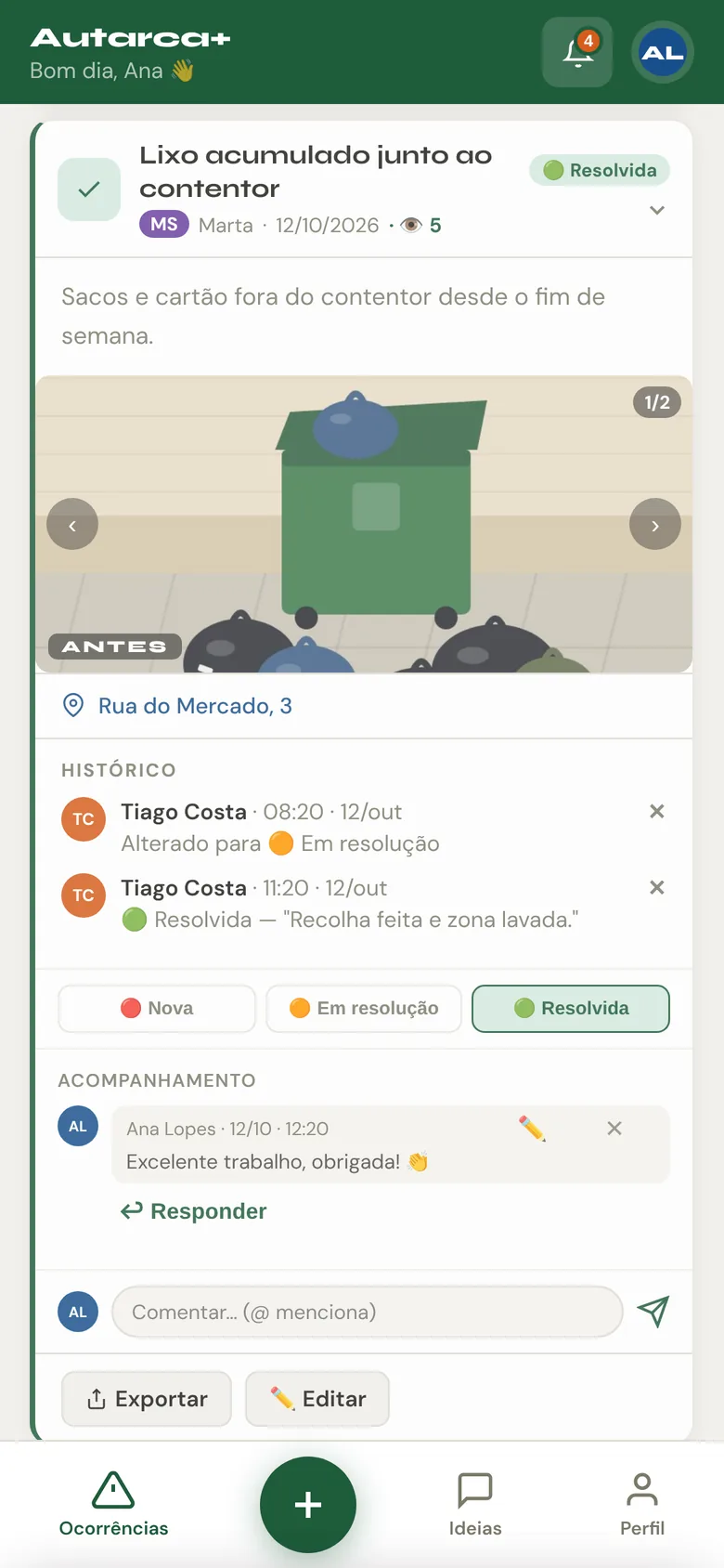 Ocorrência com a foto do antes