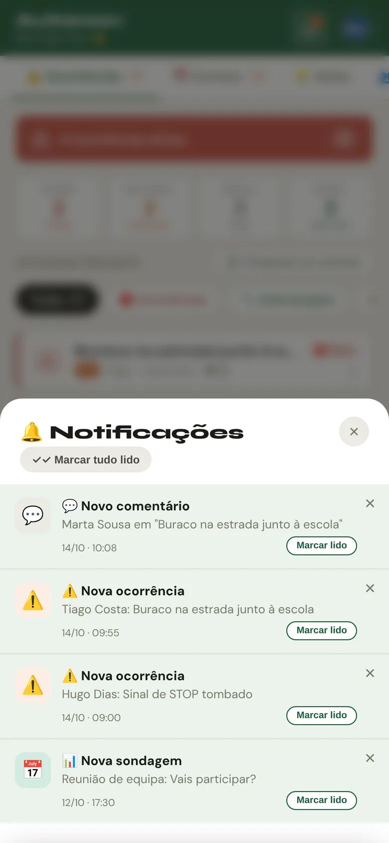 Lista de notificações: novo comentário, novas ocorrências e nova sondagem